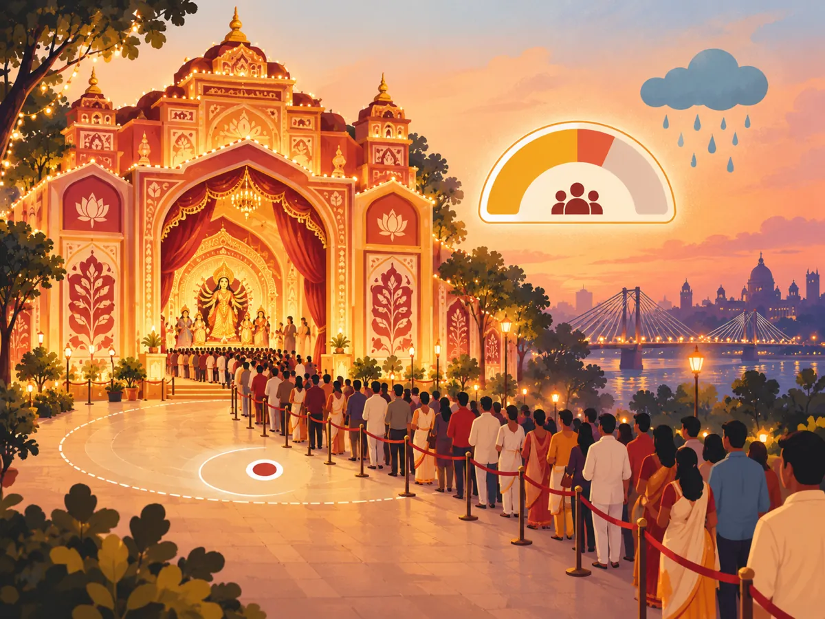 A long queue of visitors outside a lit pandal at dusk, with a crowd meter and a rain cloud above it and a circle on the ground marking the reporting radius.