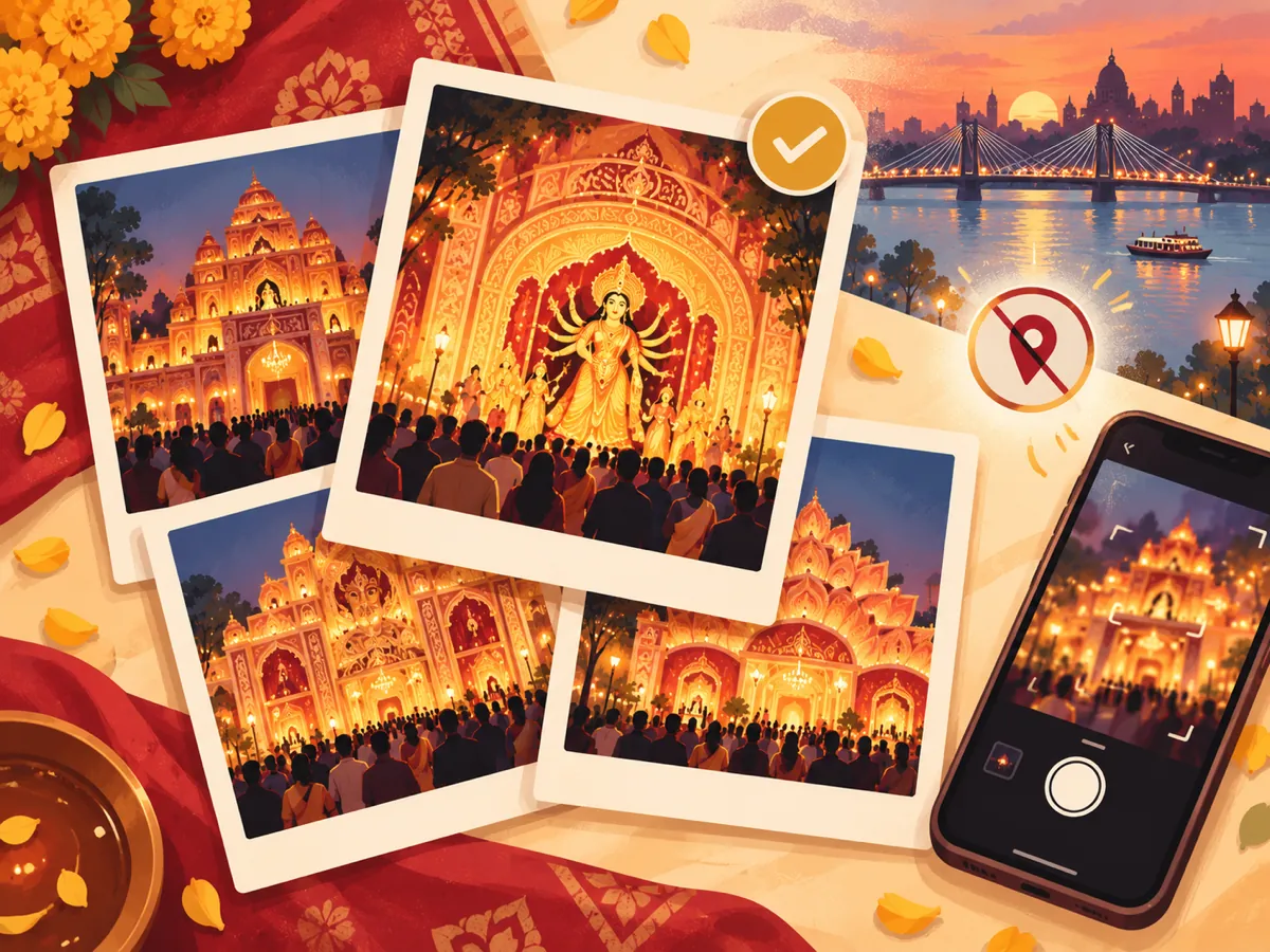 Visitor photos of lit pandals and Maa Durga laid out like prints, one marked approved, beside a phone camera and a crossed-out location pin.