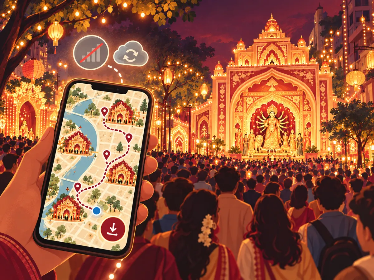 A phone in a packed night-time crowd near a pandal, still showing a saved route map while the signal icon is crossed out.