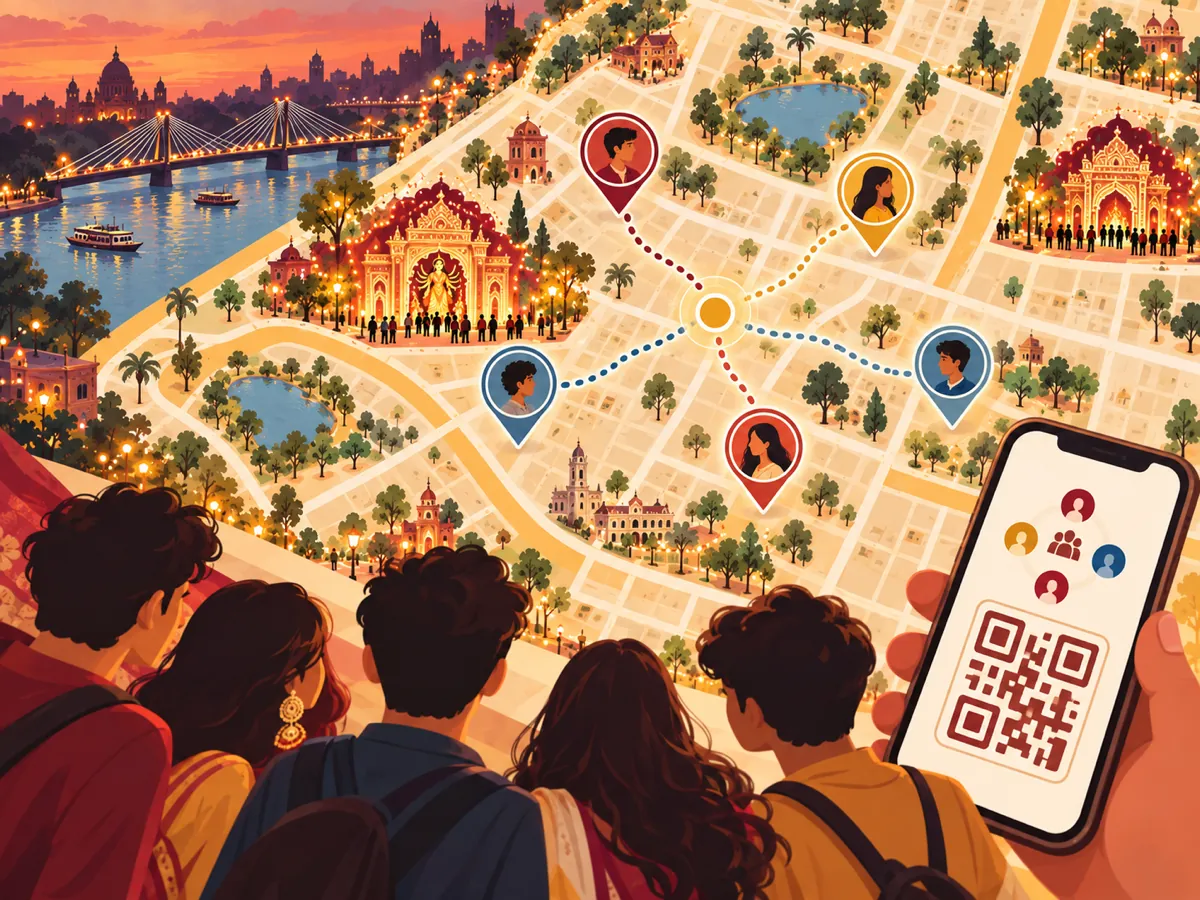 Friends looking over a city map where each of them is a coloured pin linked to the group, with a phone showing a QR code to join.